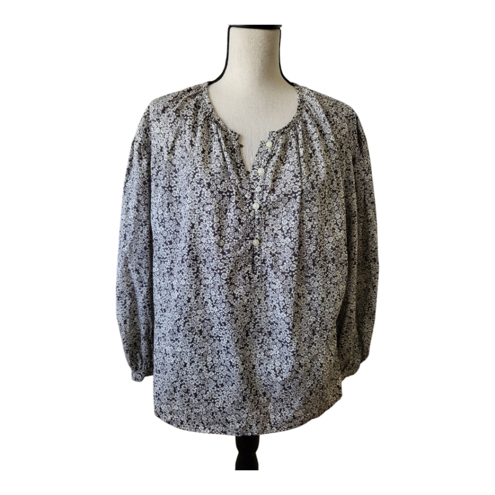 💕Black Floral Half Button Down Long-Sleeve Blouse New Size M